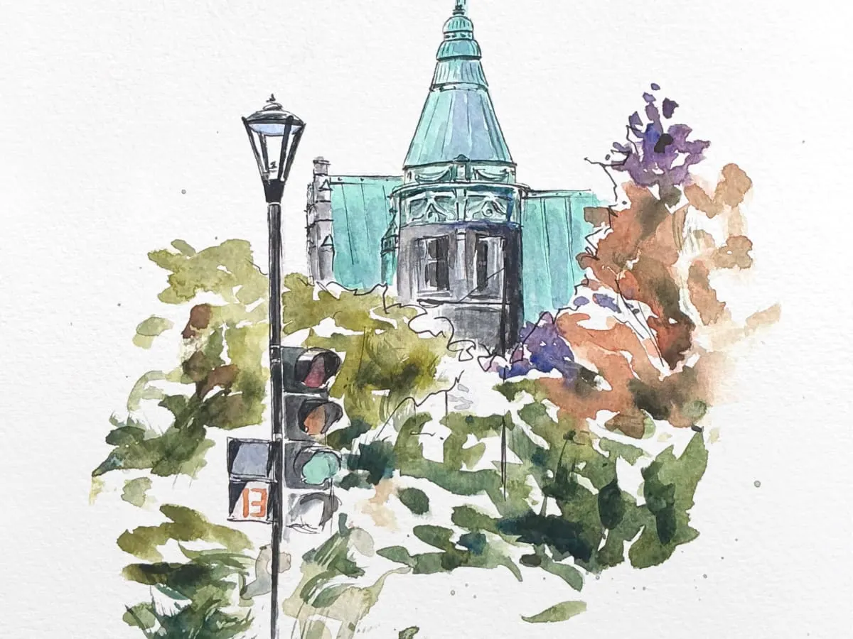 Une église est dépeinte à l'aquarelle