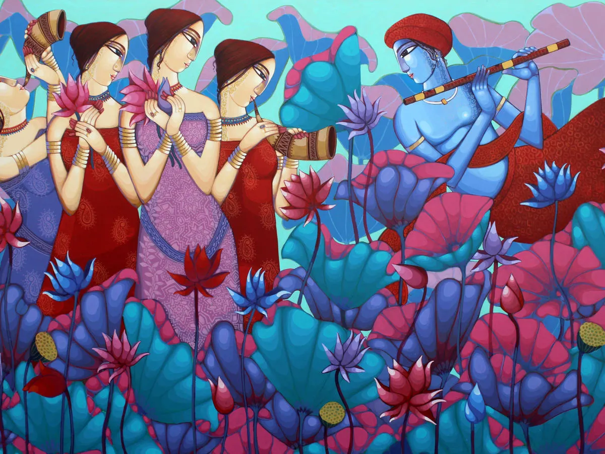 une peinture où quatre femmes dans un jardin luxuriant font face à un génie