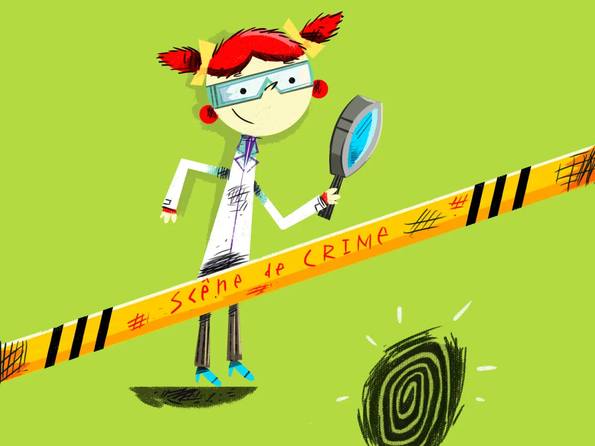 Illustration d’un enfant avec une loupe observant une empreinte digitale derrière un ruban jaune « Scène du crime ».