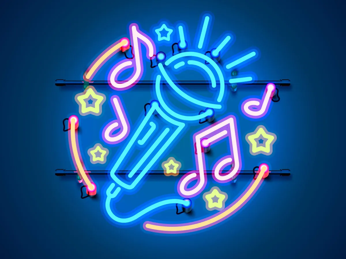 Cette image représente un microphone stylisé occupe le centre de l'image. Il est dessiné avec des tubes lumineux bleus évoquant des néons.