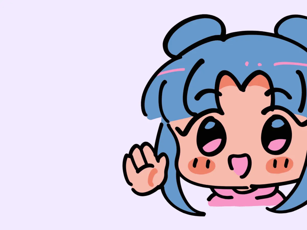 Illustration de style manga montrant un personnage aux cheveux bleus, dessiné avec des traits simples et colorés, levant une main en signe de salut. Le personnage apparaît sur un fond uni pâle, avec un grand espace vide sur la gauche de l’image.