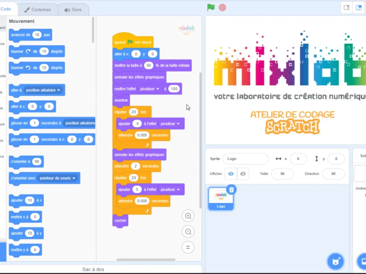 L'image montre l'interface du logiciel de programmation visuelle par blocs Scratch