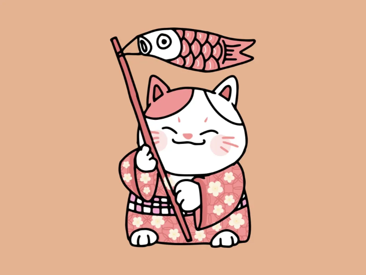 Chat dessiné en style manga sur fond rose