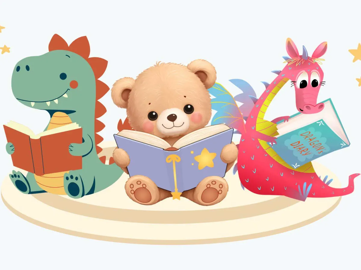 Illustration de bébés dragon, ourson et dinosaure
