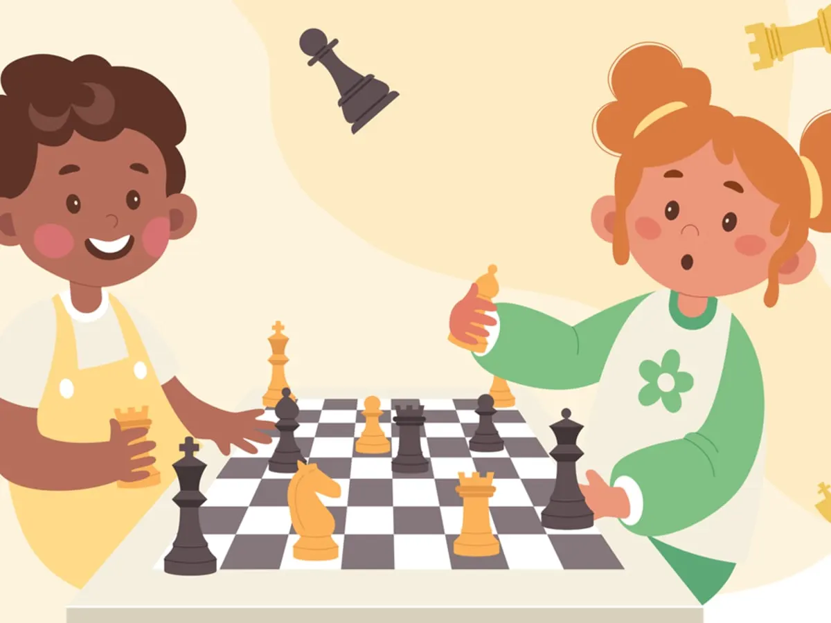 Dessin d'enfants autour d'un jeu d'échecs.