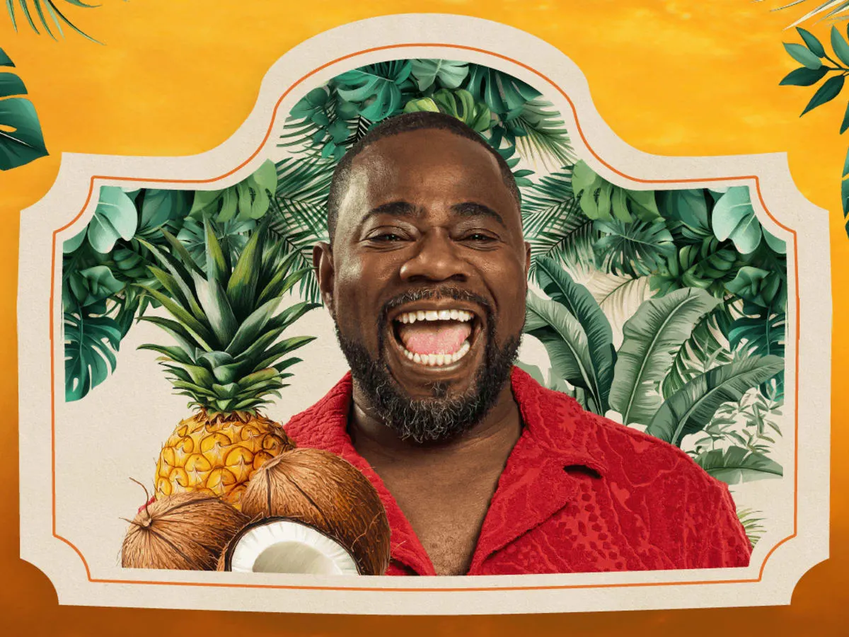 Portrait coloré de Richardson Zéphir entourée de motifs tropicaux et de fruits dans une composition graphique vibrante.