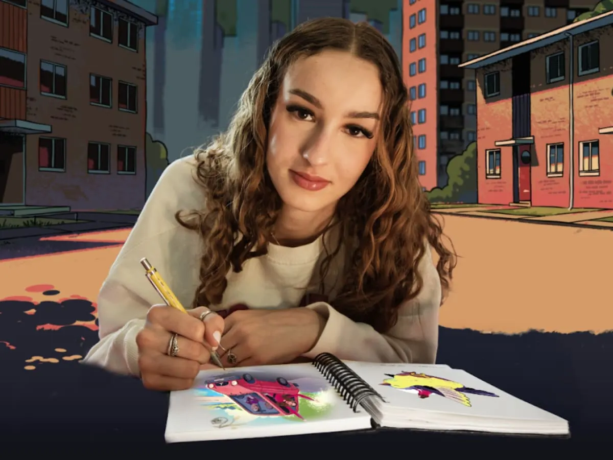 Jeune adulte dessinant dans son journal devant un décor d'illustrations de bâtiments.